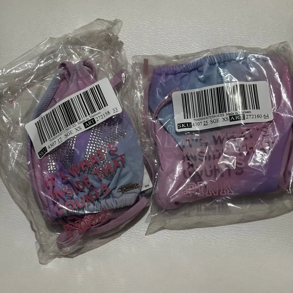Victorias Secret PINK Rainbow Ombre Cotton Candy Bling String Bikini Set XS